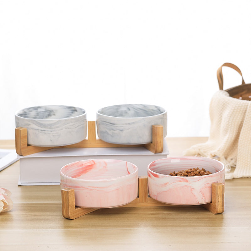 Ceramic Pet Bowl with Wooden Stand